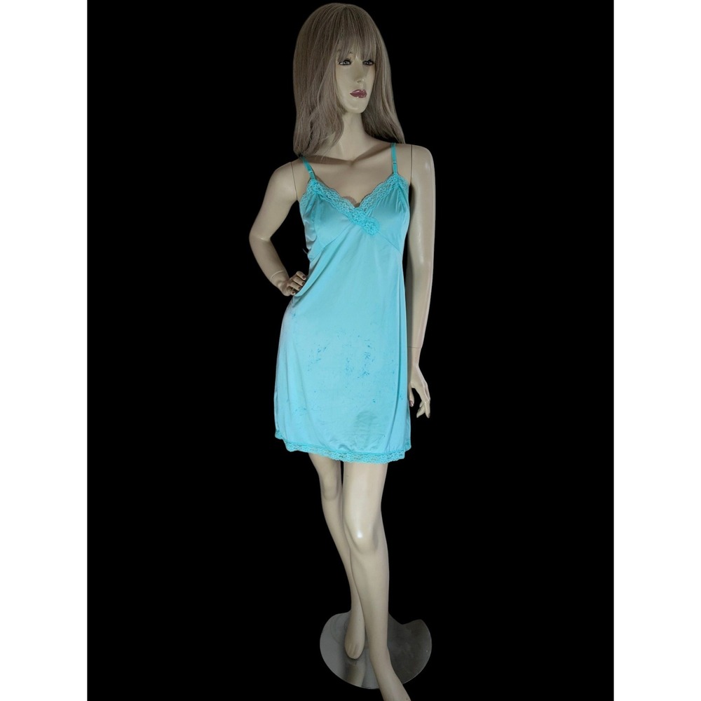 Vintage‎ 60s Blue Slip Dress M Nylon Coquette Fairycore Retro Lingerie
